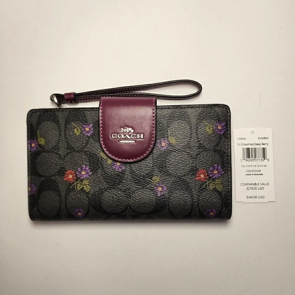 NWT Coach CM838 Tech Phone Wallet In Signature Canvas With Country Flora…